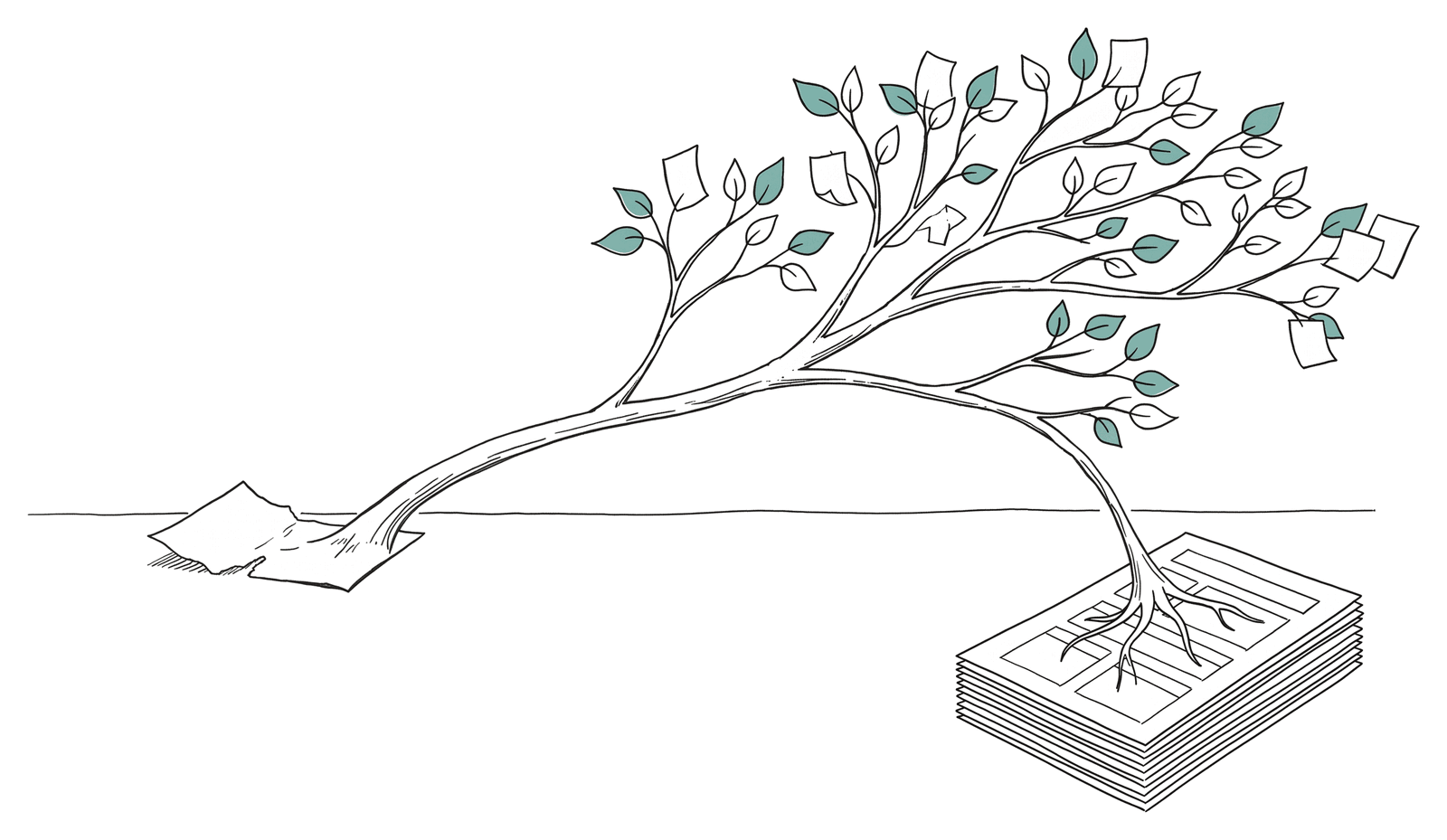 A small bug-report scrap of paper. From it grows a slender tree. Each branch terminates in a small leaf-shaped test card. The tree's roots reach down into a more organised page beneath, suggesting an accreted blueprint.