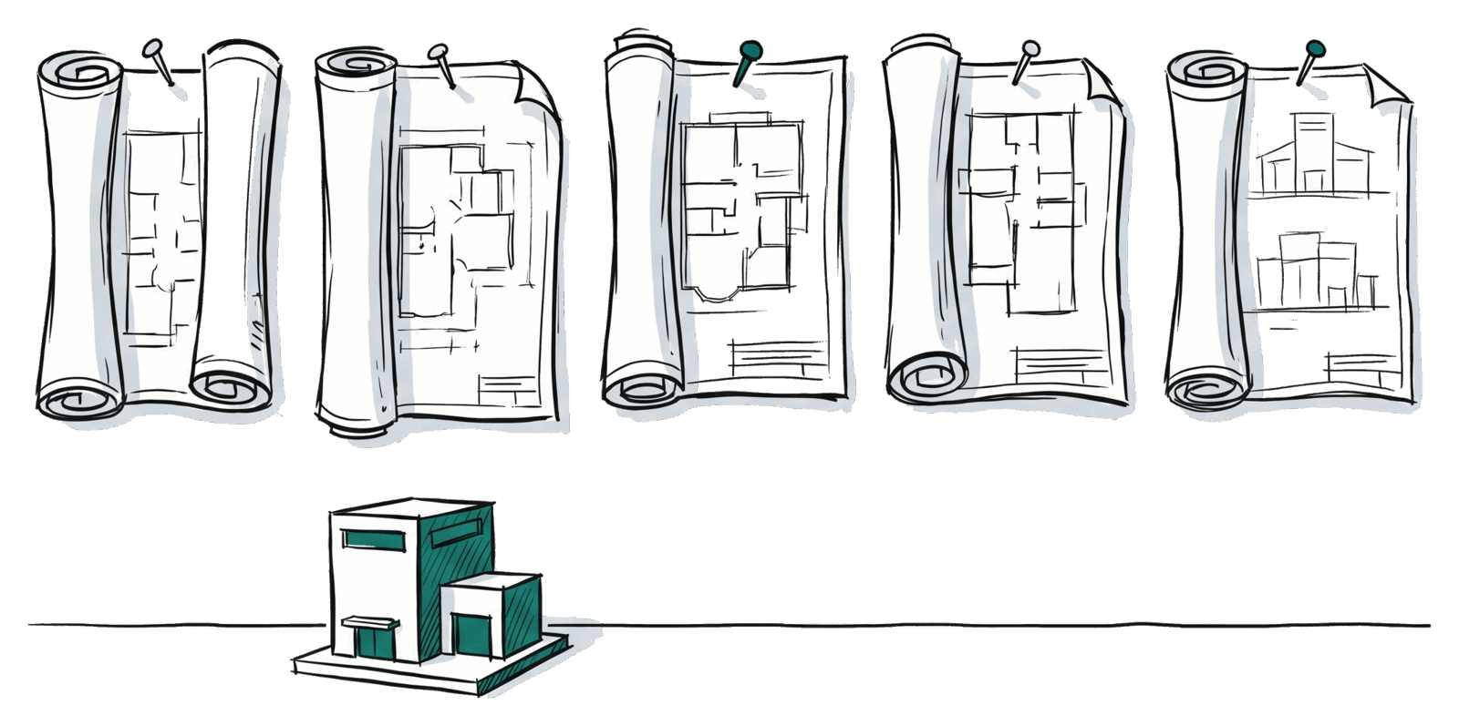 A pair of architectural blueprints unrolled on a workbench, with a small factory sketched into one corner emitting tiny finished buildings down a conveyor. Confident hand-drawn lines, single teal accent on the conveyor.
