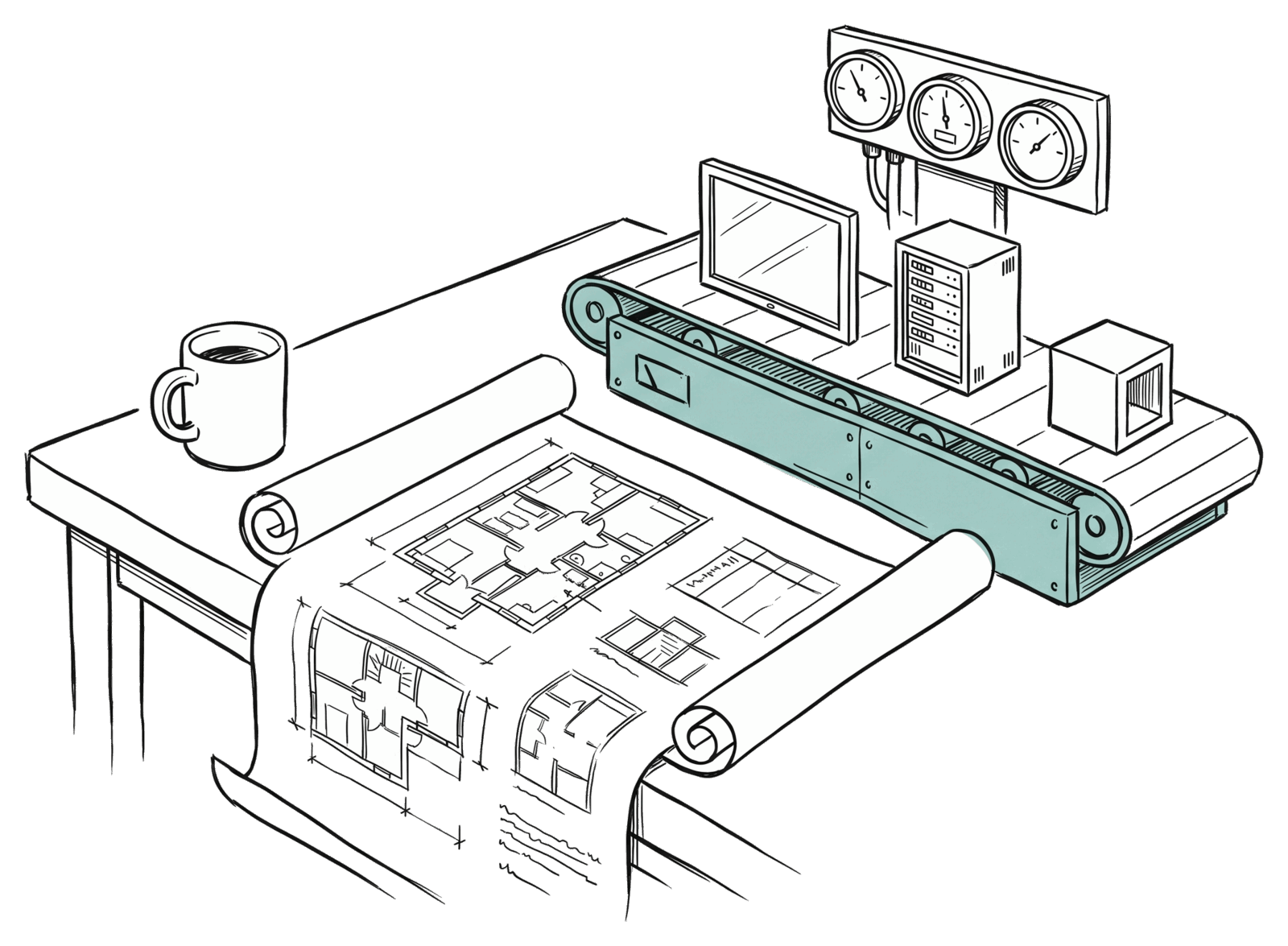 A confident hand-drawn pen-and-ink scene on white, seen from a three-quarter angle: a rolled architectural blueprint partially unrolled across a workbench in the foreground, with three small finished products coming off a tiny conveyor on the right (a framed screen, a backend service rack, a small cube), and a cluster of round monitoring gauges mounted above the conveyor. A coffee mug sits to one side. Single teal accent on the conveyor belt.