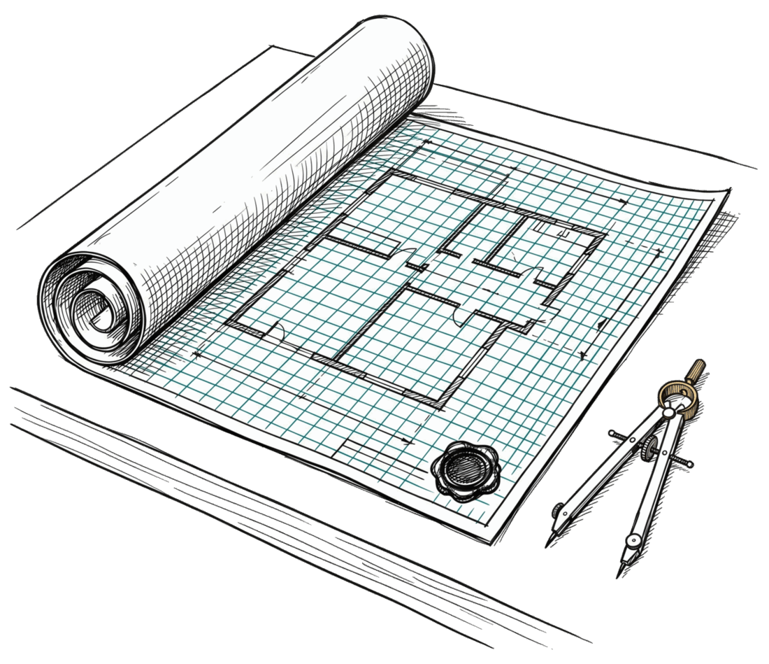 Hand-drawn cover: a rolled architectural blueprint sealed with wax, beside a drafting compass
