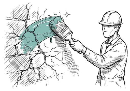 A hand-drawn scene: a worker brushes fresh paint over a deeply cracked wall, the cracks still showing through the wet coat, the brush stroke accented in teal.