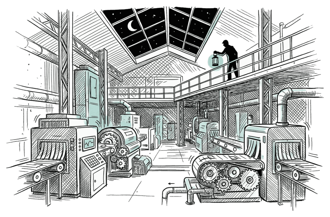 A hand-drawn scene: a factory floor at night under a skylight crescent moon, machines running, one human silhouette watching from a catwalk with a teal-glowing lantern.