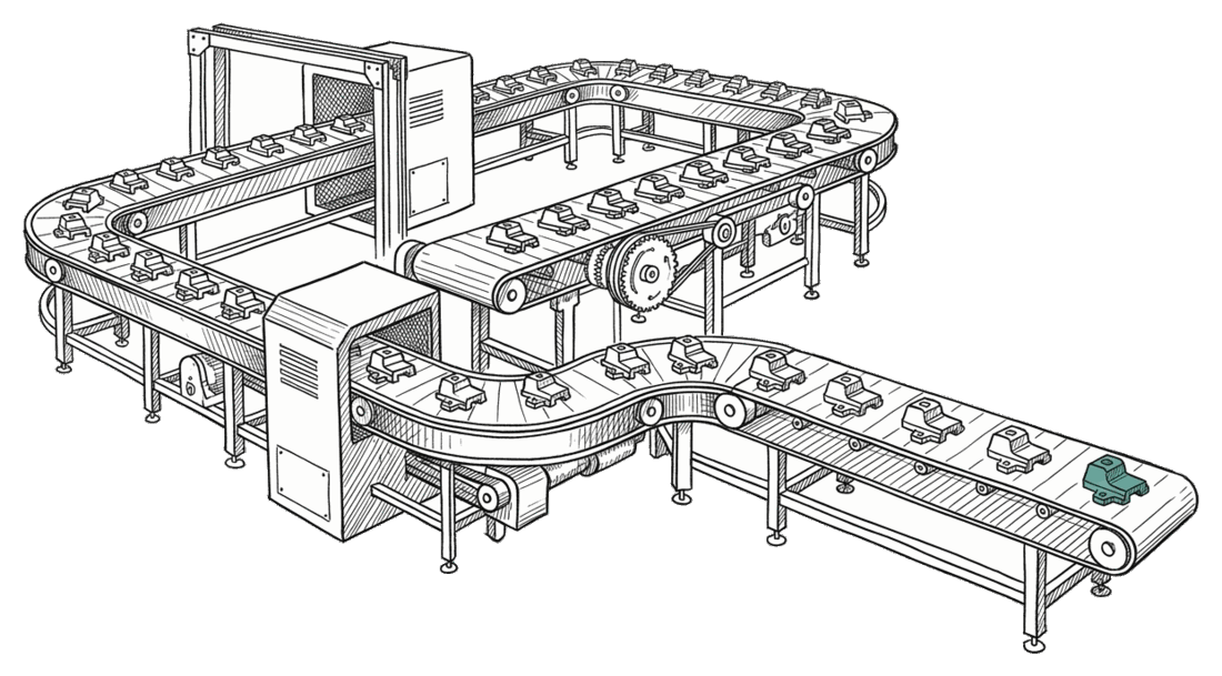 A hand-drawn scene: a factory conveyor restarts its whole line to produce one small additional widget, the lone new widget teal at the end of a belt of identical items.