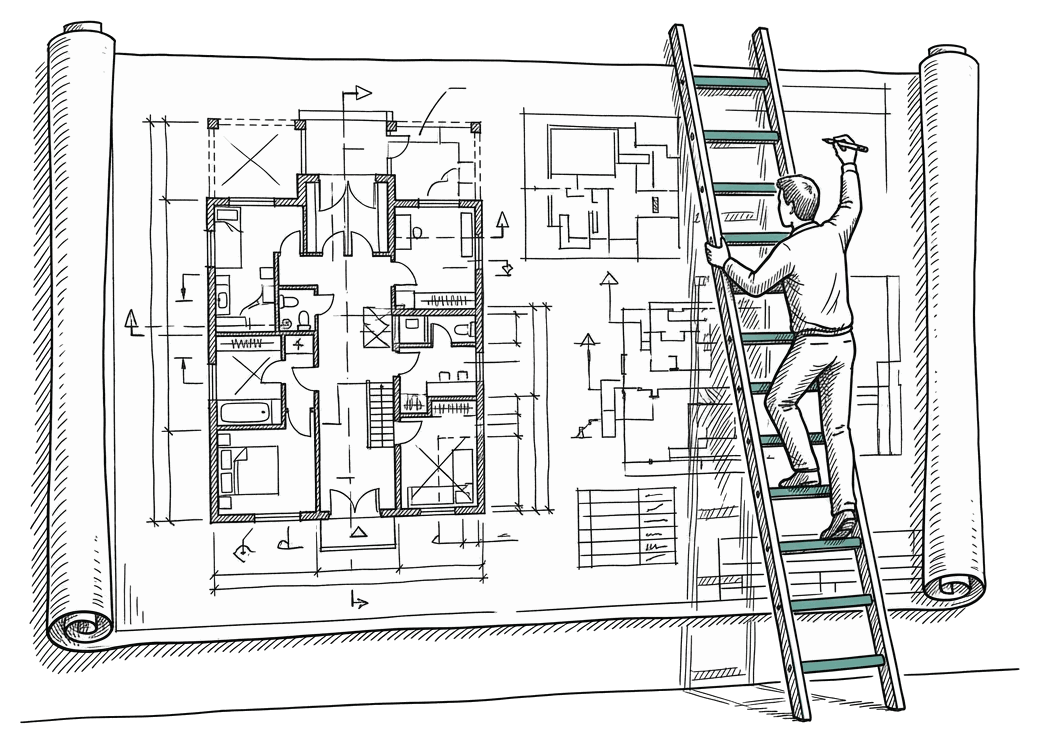 A hand-drawn scene: a career ladder leans against a giant unrolled blueprint pinned to a wall, a developer climbing it pen in hand, the rungs accented in teal.