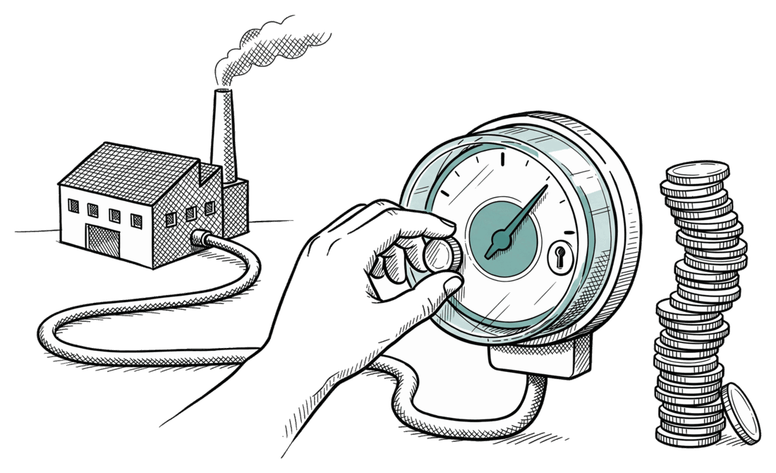 A hand-drawn scene: a small factory building wired by a thick cable to an oversized coin-operated meter with a teal dial, a tall stack of coins leaning beside it, a hand reaching in from outside the frame to turn the dial.