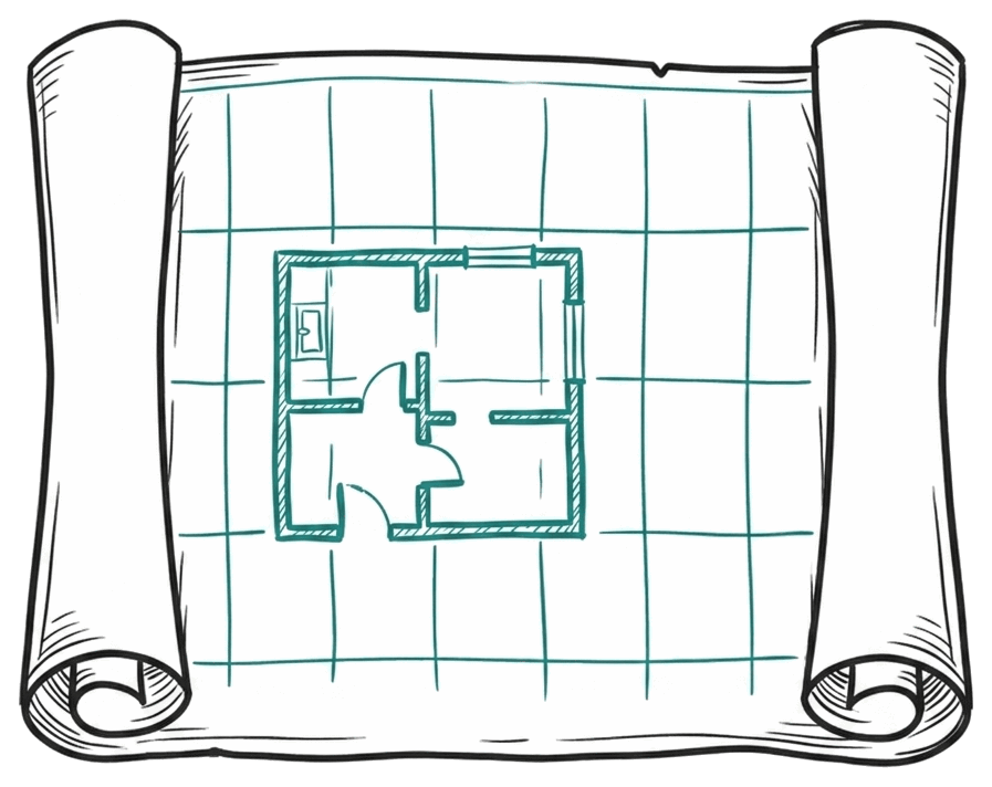 A partially unrolled blueprint scroll with grid lines and a small floor-plan sketch.
