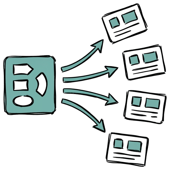 A small thin-spec glyph: a compact stencil on the left with three cutouts emits arrows fanning out to four small test-card outputs on the right, illustrating how a sparse spec produces many derived tests.