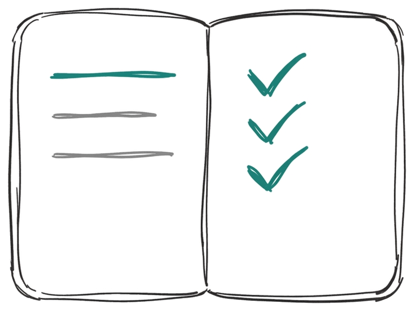 A small open book with a checklist of three ticked items, signifying a chapter wrap-up.