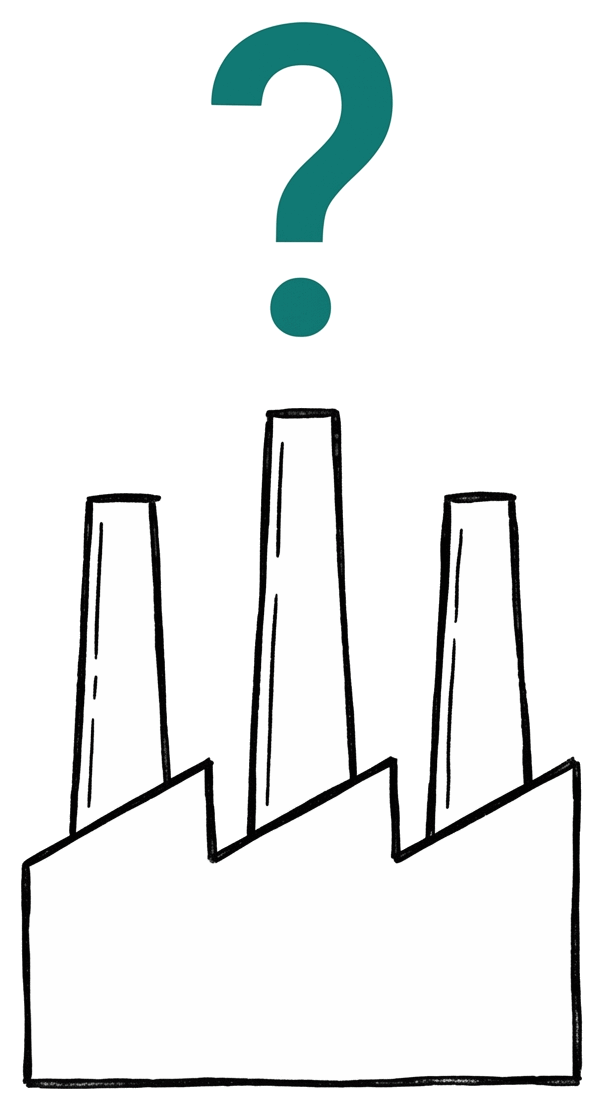 A small factory silhouette with three smokestacks and a question mark hovering above the central stack, asking the chapter's title question.