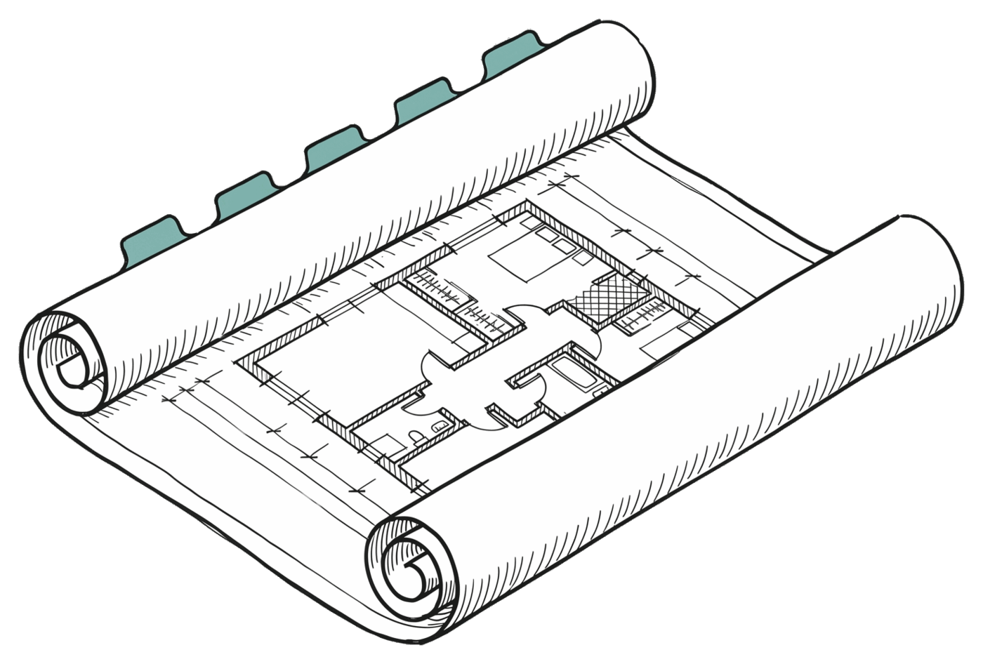 A small architectural blueprint scroll with five tabbed sections protruding from its top edge, each tab labelled with one of the blueprint's required components.