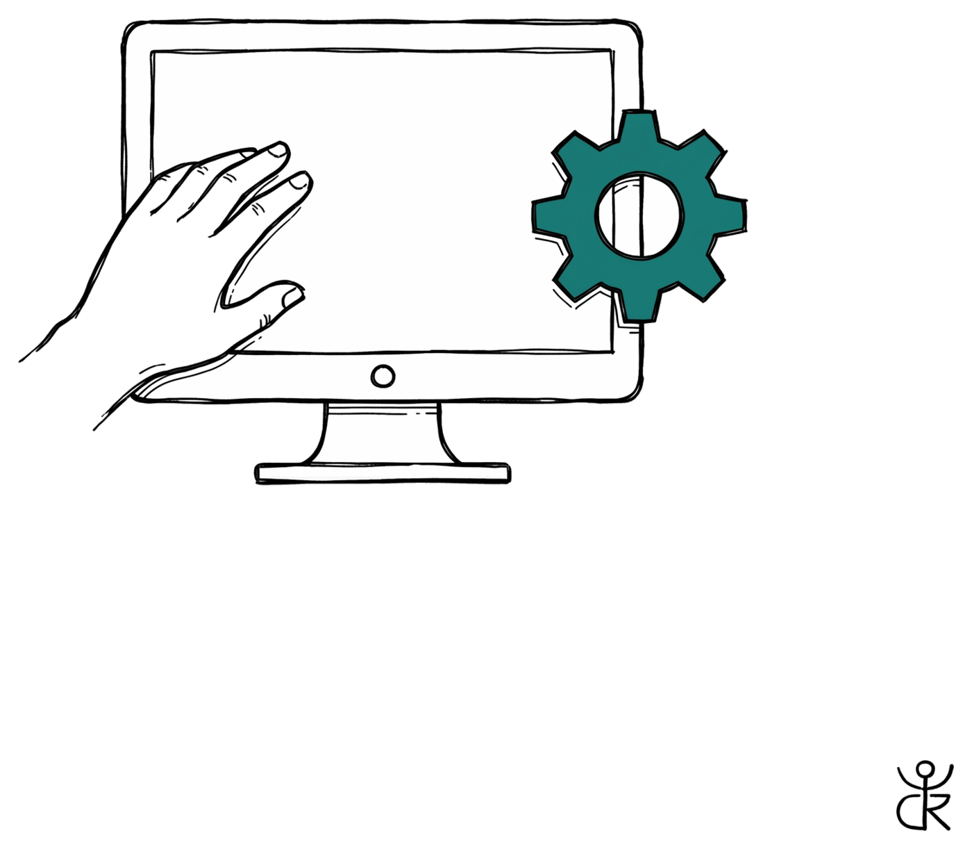 A small split-screen glyph: on the left, a stick-figure human in front of a dashboard window with buttons; on the right, an agent silhouette connected directly to a structured-API endpoint via a dashed arrow. A vertical line down the centre marks the boundary between the two consumer types.