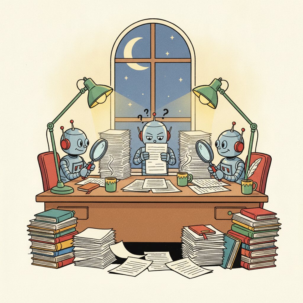 Three small robots with clipboards and magnifying glasses grade stacks of exam papers at a long desk by lamplight; the middle one holds a paper up to the light suspiciously, question marks over its head.