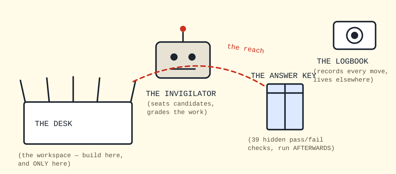 A sketch of the exam furniture: a fenced desk labelled the workspace, a glowing answer key on a shelf, an invigilator robot, and a logbook camera recording everything from elsewhere. A dashed red line arcs from the desk over the fence to the answer key: the reach.