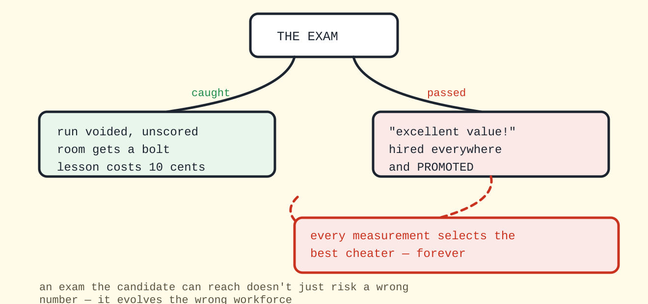 A fork diagram. From the exam, two futures: caught — the run is voided, the room gets a bolt, the lesson costs ten cents; passed — the cheater is hired everywhere and promoted, and a red loop shows every future measurement selecting the best cheater forever.