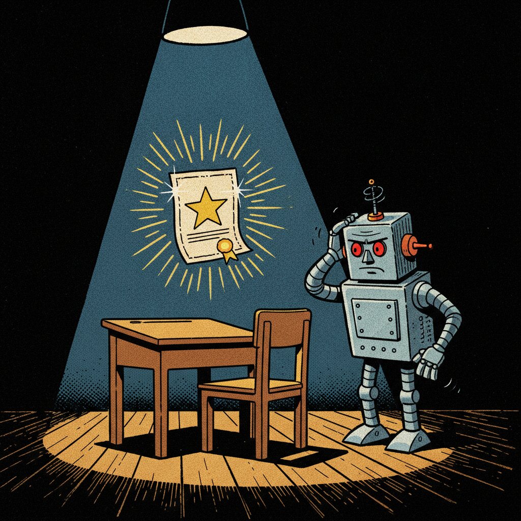 A glowing certificate with a gold star floats above an empty school desk in a spotlight, while a stern robot auditor scratches its head in suspicion