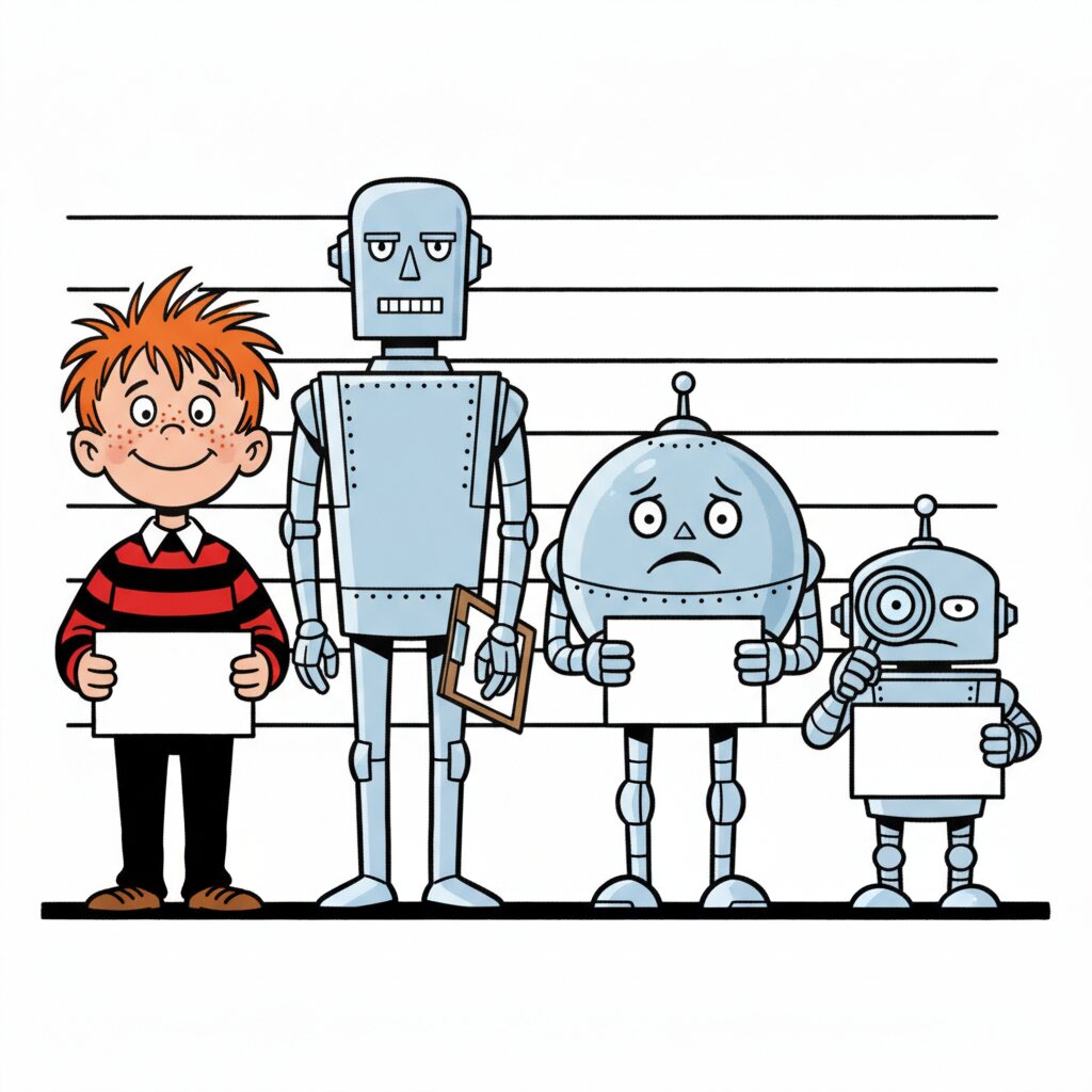 A police line-up: a spiky-haired schoolboy in a striped jumper and three small robots of different shapes, all holding blank placards in mugshot poses