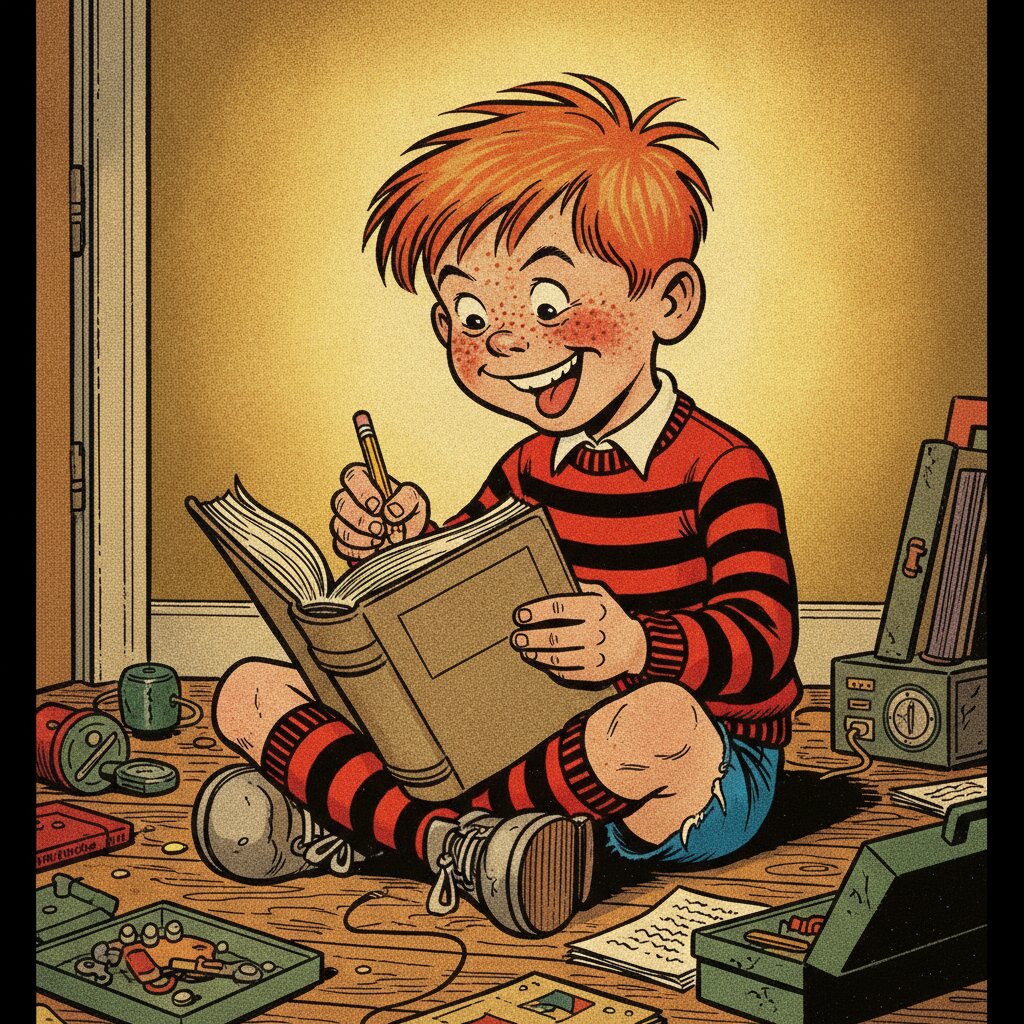 Flash sits cross-legged at night reading an enormous manual as big as himself, taking notes with a conspiratorial grin.