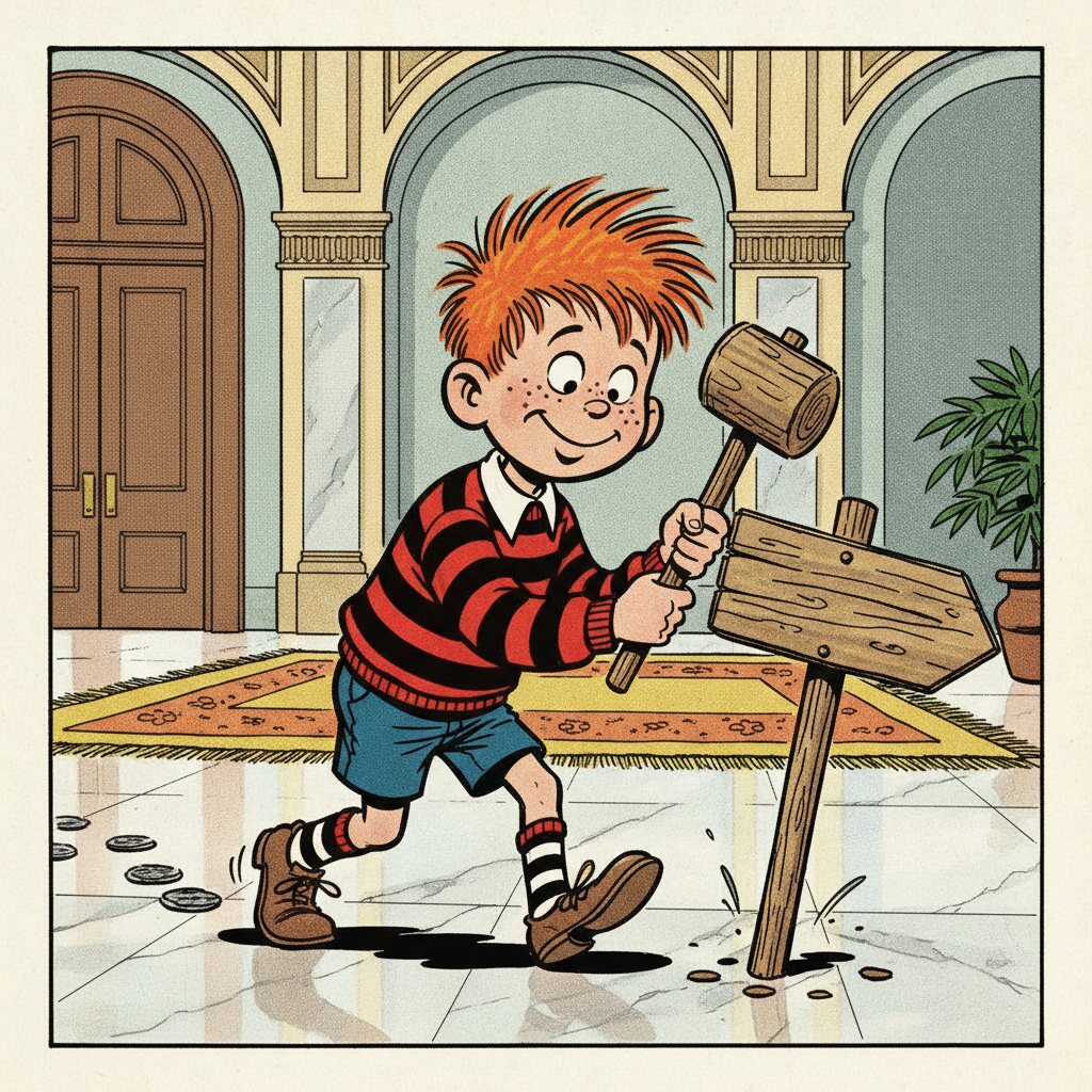 Flash tiptoes through a grand entrance hall, hammering a wooden signpost into the floor with a mallet; the arrow points the wrong way.