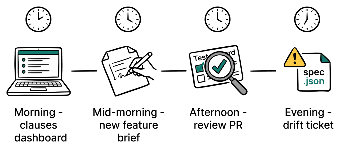 A horizontal timeline showing four small scene-icons evenly spaced: morning clauses dashboard, mid-morning new feature brief, afternoon PR review, evening drift ticket. Hand-drawn lines, single teal accent on the test tick and the spec.json file.