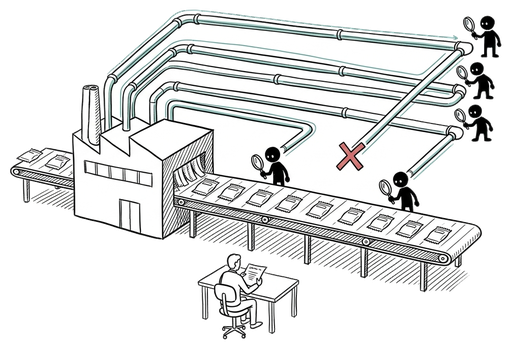 A hand-drawn diagram: a central factory emits a stream of product packets along a high-throughput conveyor; above it four parallel monitoring lanes each end in a small autonomous-agent silhouette with a magnifying glass, their connectors accented in teal; below, a single human figure at a desk reads one summary sheet.