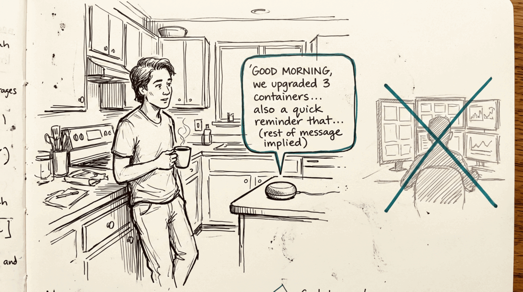 A hand-drawn sketch of an operator standing in a kitchen with a coffee cup, listening to a small smart-speaker on the counter that is reading out a two-paragraph summary in a speech bubble (the "good morning" paragraph above, abbreviated). To the side, a faint silhouette of the operator's old desktop with a wall of dashboard panels, crossed through with a single soft teal X. Hand-drawn lines, single teal accent on the speech-bubble outline and the X over the old dashboard.