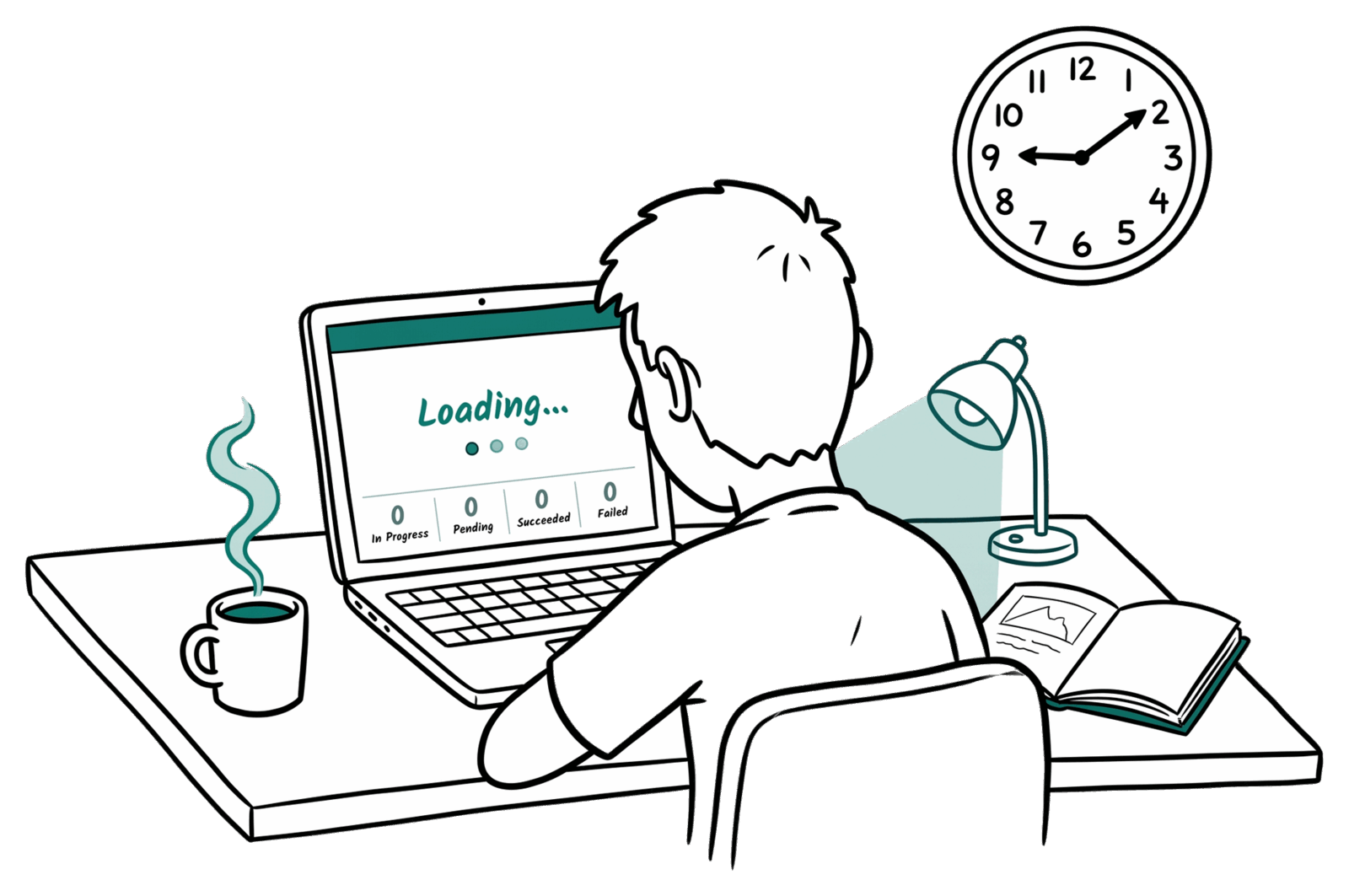 A scene at an engineer's desk on a Saturday evening: a person seen from behind, shoulders slightly slumped, looking at a laptop showing the literal text "Loading..." on a simple da