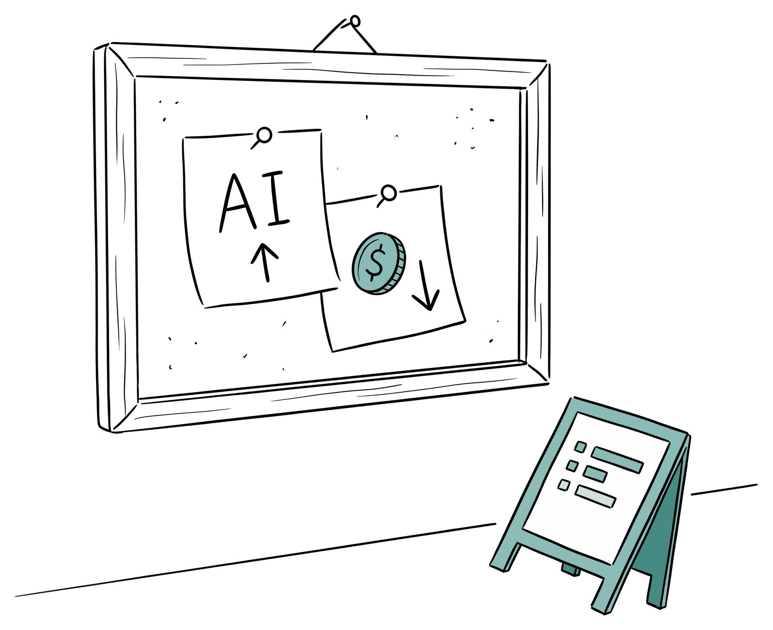A hand-drawn pen-and-ink sketch on white: a board with two pinned memos. The first memo shows the letters "AI" and an upward arrow; the second overlaps it with a teal coin and a do