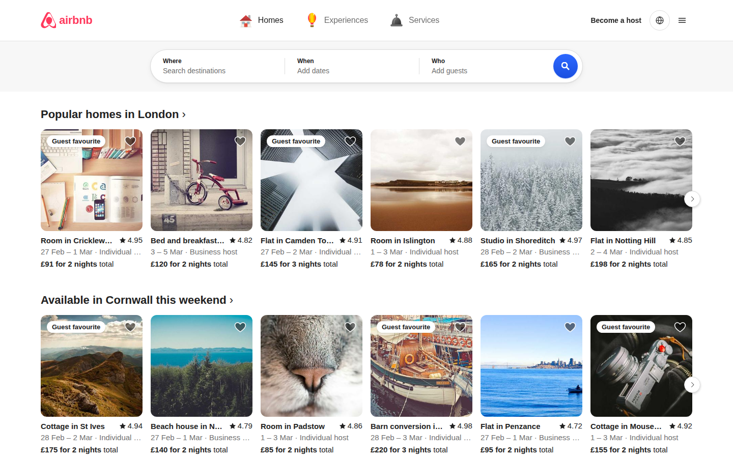 Airbnb clone homepage