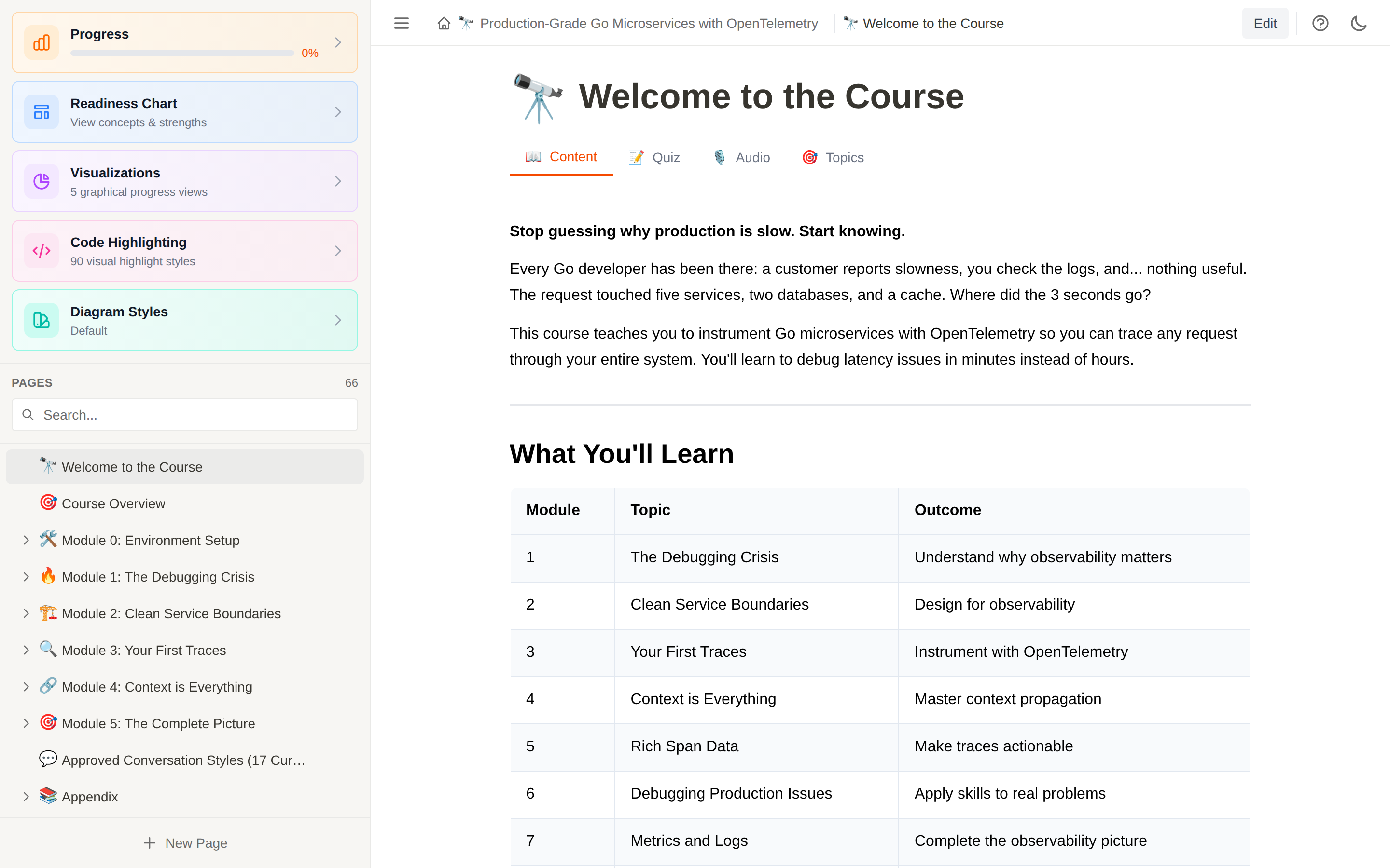 Course content in light mode