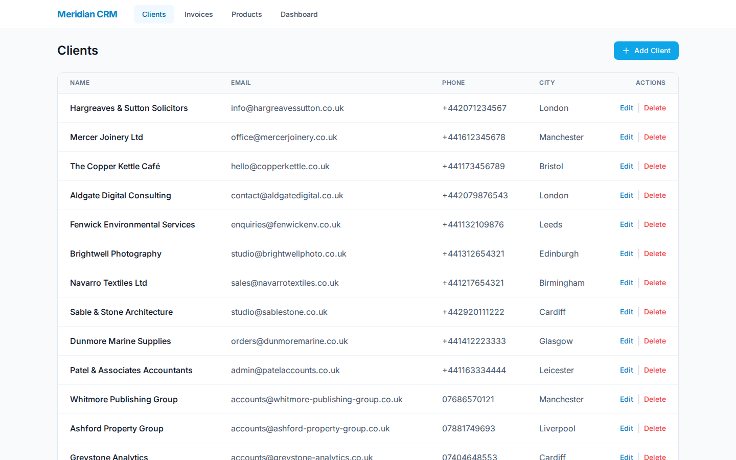 CRM clients management view