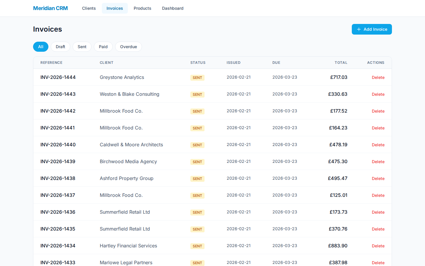 CRM invoices listing