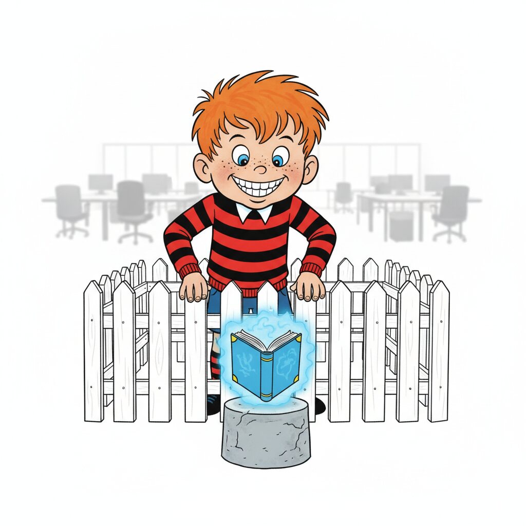 Flash, a spiky-haired builder in a striped jumper, leans over the workspace fence towards a glowing blue book