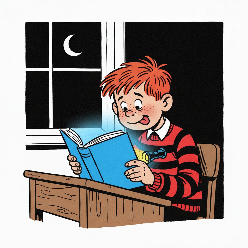 Flash hunched at a desk at night, reading the glowing answer book by torchlight