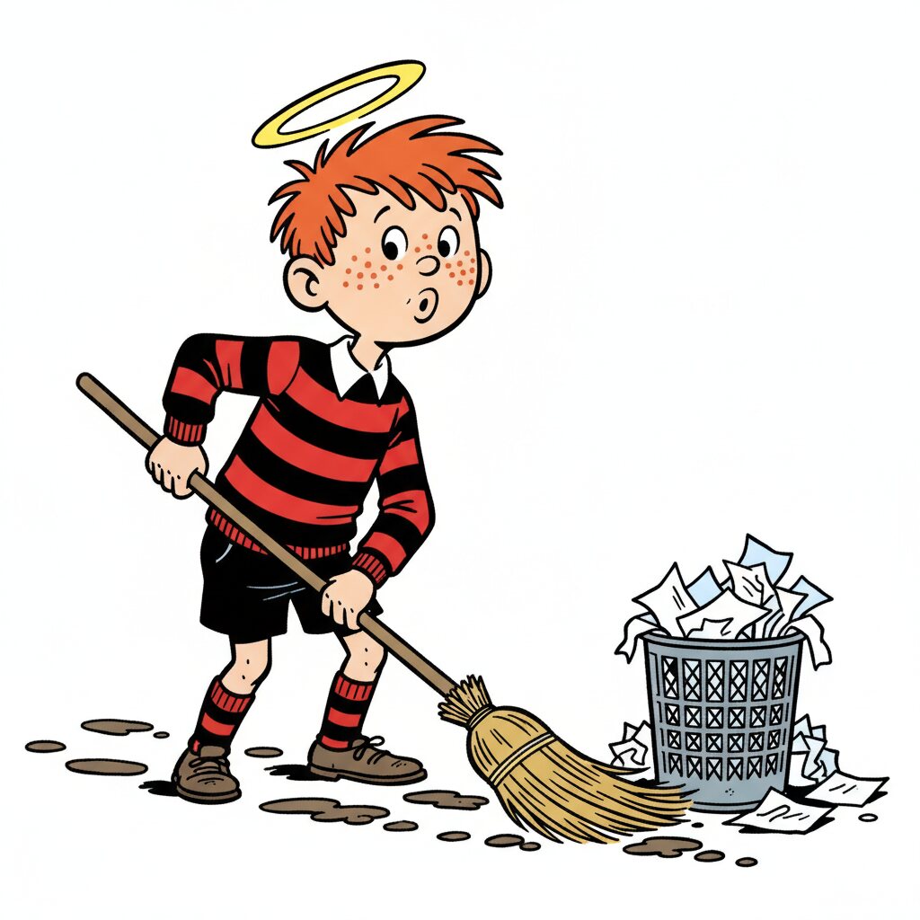 Flash sweeps away footprints with a broom, a tilted halo over his head