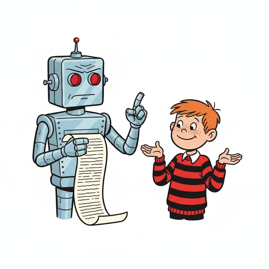 The escapee, a spiky-haired builder in a striped jumper, shrugs as a stern robot auditor produces the incriminating logbook